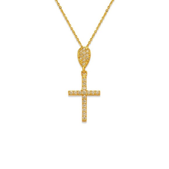 14k REAL GOLD Fancy Cross CZ Pendant - Picture 1 of 9
